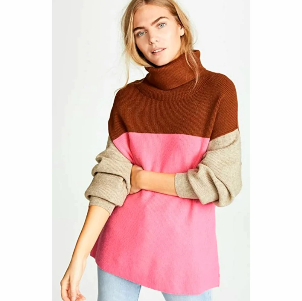 Free People Color Block Turtleneck Sweater in Pink Brown Tan - Picture 3 of 10